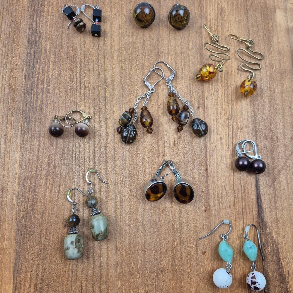 Vtg Earring‎ Lot 9 Pair Boho Glass Stone Bead Pierced Jewelry Earth Tone Bundle